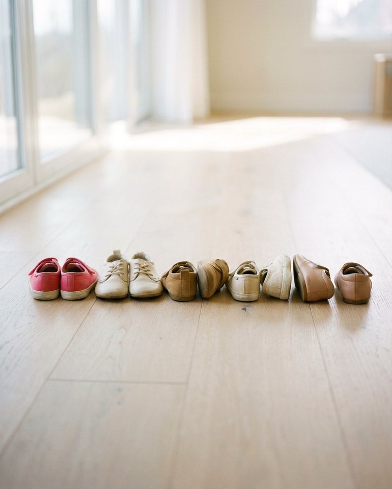Des chaussures d’enfants et d’adultes alignées sur le parquet, près des grandes fenêtres.