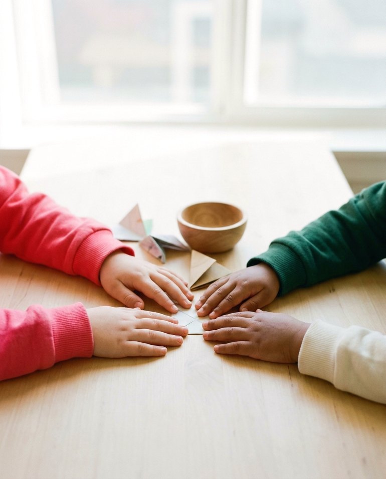 Quatre paires de mains d’enfants posées autour d’un origami, sur une table en bois clair.