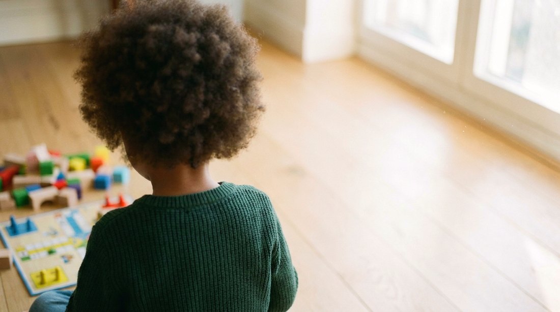 Un enfant de dos joue avec des cubes de bois sur le parquet, face à la lumière des fenêtres.